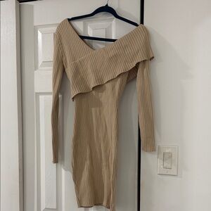 bebe One-Shoulder Ribbed Knit Dress in Beige